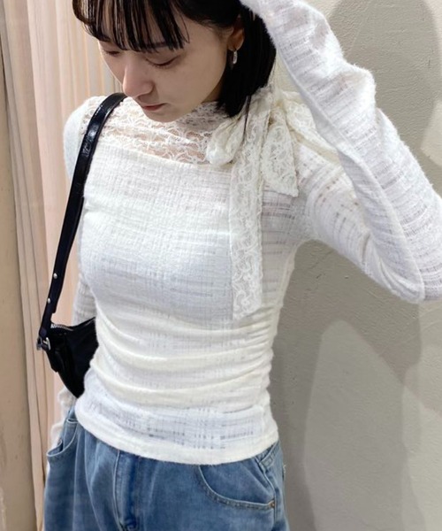 mebole(メボレ)の「レースフレンチスリムボウタイトップス(Tシャツ/カットソー・レディース・アイボリー/ブラック・FREE)」の16枚目の写真