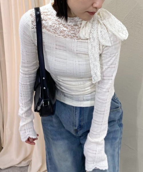mebole(メボレ)の「レースフレンチスリムボウタイトップス(Tシャツ/カットソー・レディース・アイボリー/ブラック・FREE)」の18枚目の写真