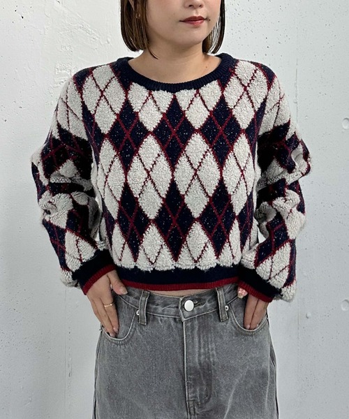 archives(アルシーヴ)の「アーガイルブークレJQニット(ニット/セーター・レディース・グレー/アイボリー/ネイビー・MEDIUM)」の3枚目の写真