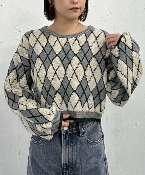 archives(アルシーヴ)の「アーガイルブークレJQニット(ニット/セーター・レディース・グレー/アイボリー/ネイビー・MEDIUM)」の1枚目の写真