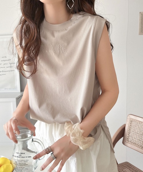 春夏コーデの主役！シルケット胸元刺繍サイド裾スリット入りノースリーブカットソー ce1020199 main image 0