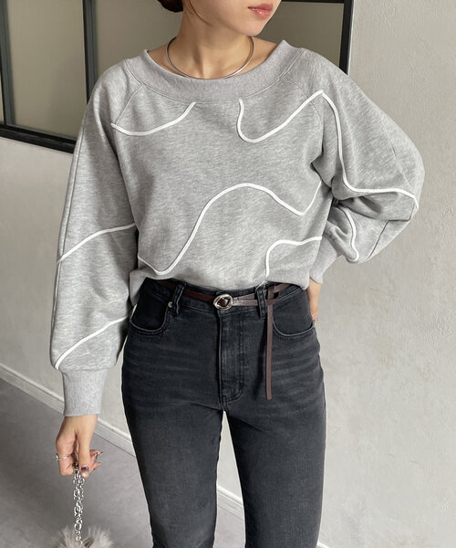 Thevon（ゼボン）の「ボートネックコード刺繍裏毛プルオーバー（Tシャツ/カットソー・レディース・グレー/オフホワイト/ネイビー・FREE）」の7枚目の写真