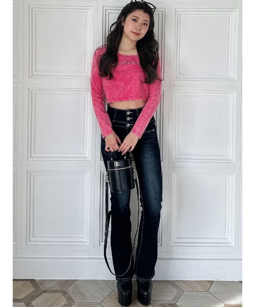 GYDA（ジェイダ）の「BACK BONES STONEタイトショートロンT（Tシャツ/カットソー・レディース・ピンク/オフホワイト/ブラック・FREE）」の6枚目の写真