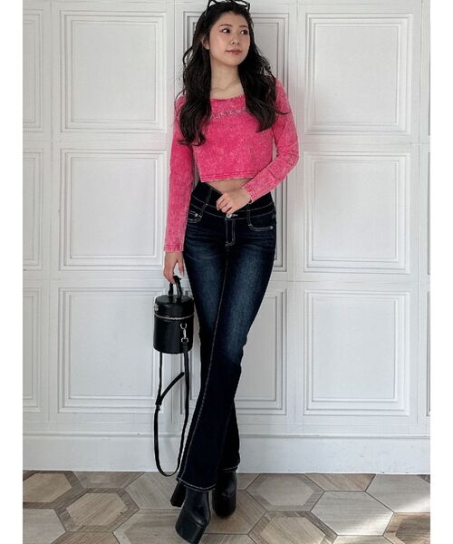 GYDA（ジェイダ）の「BACK BONES STONEタイトショートロンT（Tシャツ/カットソー・レディース・ピンク/オフホワイト/ブラック・FREE）」の7枚目の写真