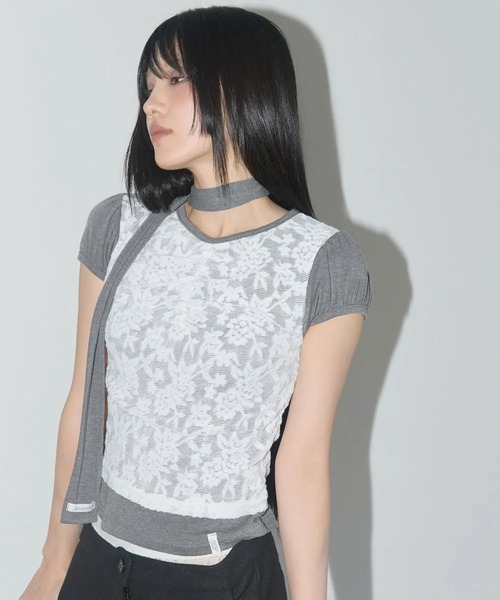 A'GEM/9 × .kom 「 FANCY CLUB/ファンシークラブ」 LACE SHIRRING TOP ＆ SCARF/レースシャーリングトッ セール】A'GEM/9 × .kom 『 FANCY CLUB/ファンシークラブ』 LACE
