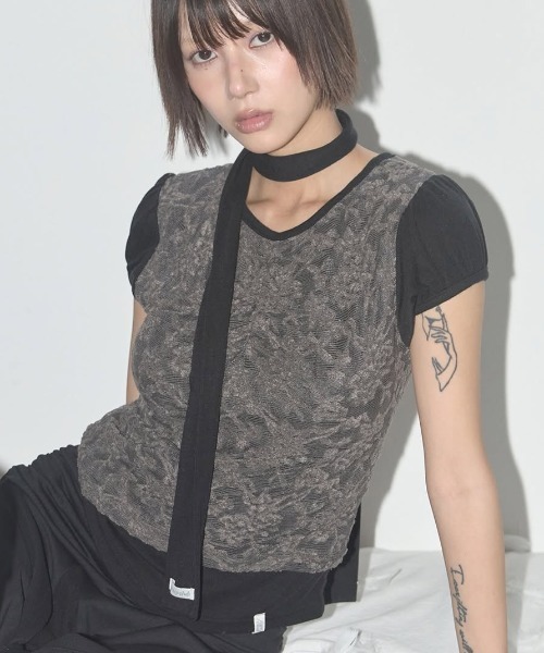A'GEM/9 × .kom 「 FANCY CLUB/ファンシークラブ」 LACE SHIRRING TOP ＆ SCARF/レースシャーリングトッ セール】A'GEM/9 × .kom 『 FANCY CLUB/ファンシークラブ』 LACE
