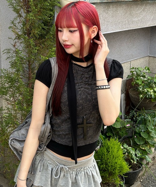 A'GEM/9 × .kom 「 FANCY CLUB/ファンシークラブ」 LACE SHIRRING TOP ＆ SCARF/レースシャーリングトッ セール】A'GEM/9 × .kom 『 FANCY CLUB/ファンシークラブ』 LACE