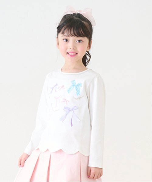 セール】リボンイッパイ裾スカラップ長袖Tシャツ（Tシャツ