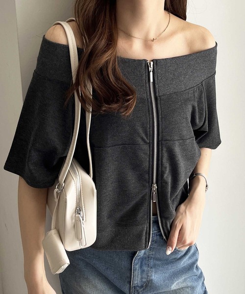 nelliy.(ネルリー)の「ダブルジップオフショルトップス(Tシャツ/カットソー・レディース・チャコール/杢グレー・LARGE/MEDIUM)」の1枚目の写真