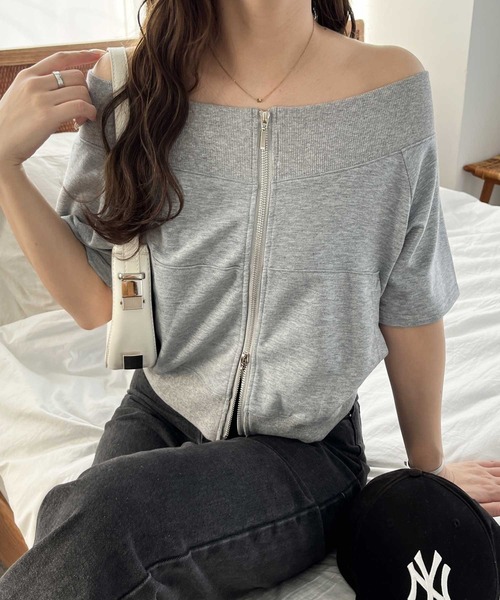 nelliy.(ネルリー)の「ダブルジップオフショルトップス(Tシャツ/カットソー・レディース・チャコール/杢グレー・LARGE/MEDIUM)」の5枚目の写真