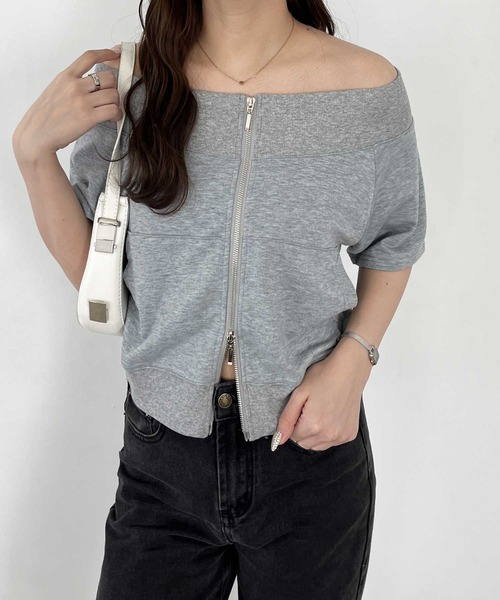 nelliy.(ネルリー)の「ダブルジップオフショルトップス(Tシャツ/カットソー・レディース・チャコール/杢グレー・LARGE/MEDIUM)」の6枚目の写真