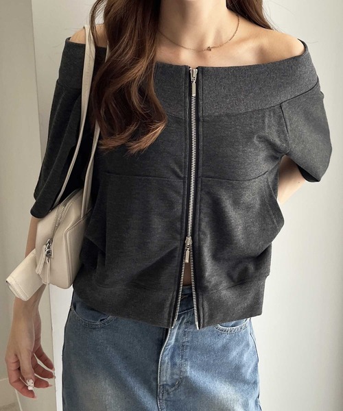 nelliy.(ネルリー)の「ダブルジップオフショルトップス(Tシャツ/カットソー・レディース・チャコール/杢グレー・LARGE/MEDIUM)」の22枚目の写真