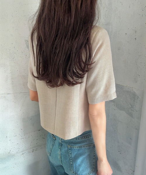 美品　45R ノーカラージャケット　リネンライク　 コットン ベージュ 無地 45R - 美品 45R ノーカラージャケット リネンライク コットン