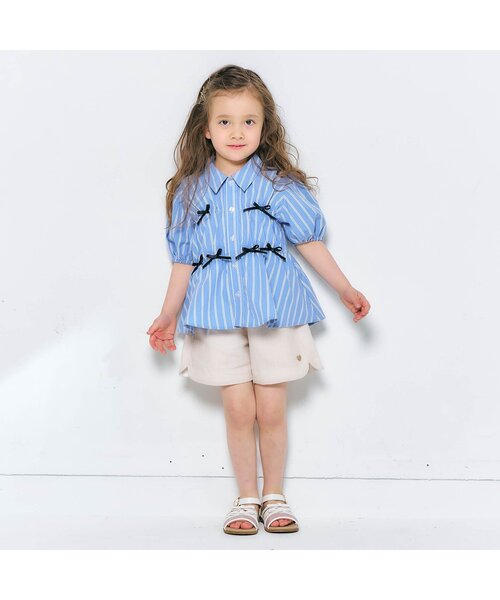 apres les cours（アプレレクール）の「【ジュニア対応】ストライプシャーリングリボンチュニック（シャツ/ブラウス・キッズ・ピンク/ブルー・90/140/130/120/110/100/80）」の14枚目の写真