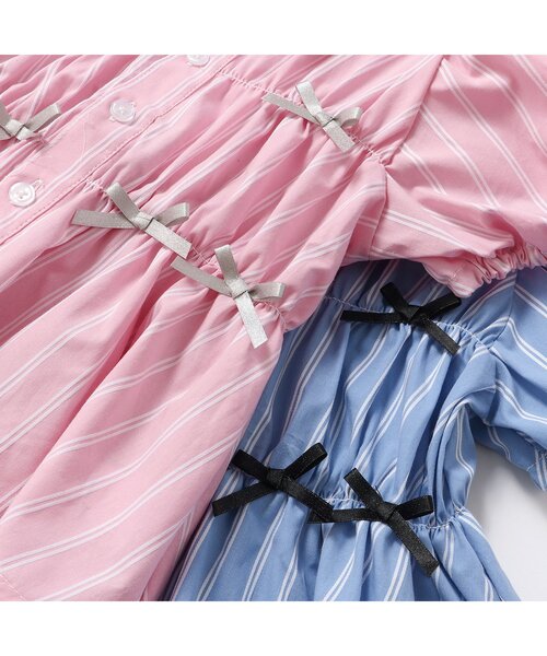 apres les cours（アプレレクール）の「【ジュニア対応】ストライプシャーリングリボンチュニック（シャツ/ブラウス・キッズ・ピンク/ブルー・90/140/130/120/110/100/80）」の3枚目の写真