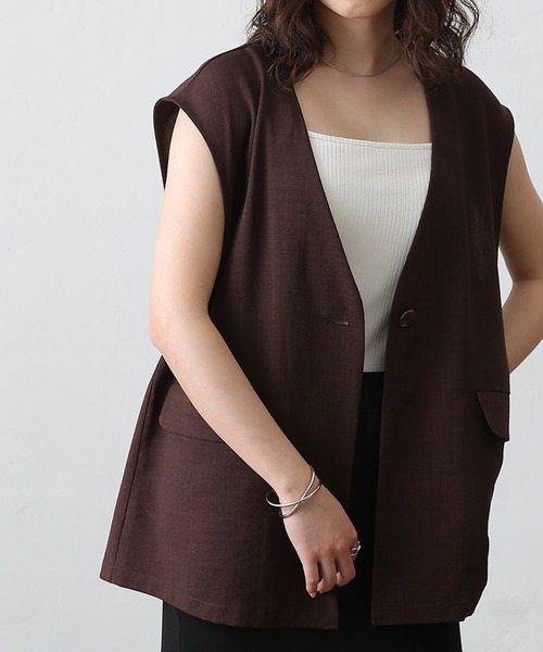 COLONY 2139(コロニートゥーワンスリーナイン)の「テックリネンノーカラーシングルジレ(その他アウター・レディース・ブラック/グレイッシュベージュ/ブラウン/ミント・SMALL/MEDIUM)」の3枚目の写真