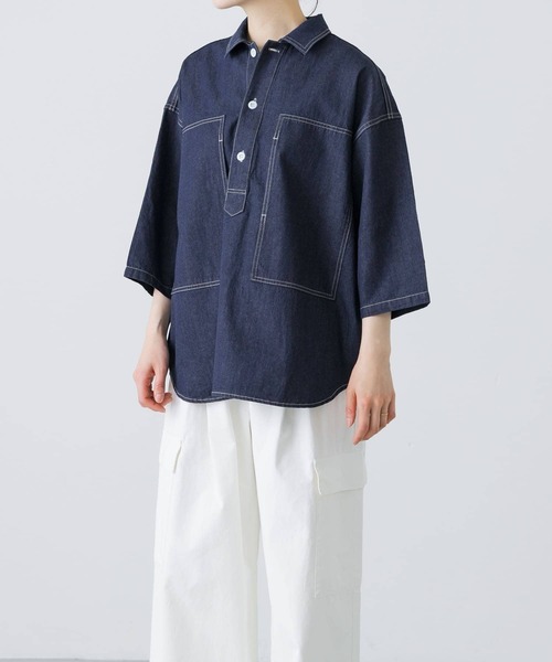 タグ付き未使用品　かぐれ　コットンリネンデニムハーフスリーブシャツ かぐれ（カグレ）の「コットンリネンデニムハーフスリーブシャツ