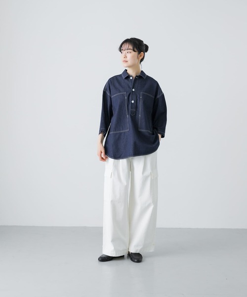 かぐれ（カグレ）の「コットンリネンデニムハーフスリーブシャツ