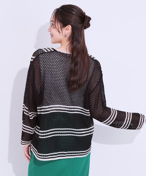 SHOO・LA・RUE（シューラルー）の「レースのような編み柄が上品 Vネックカーディガン（カーディガン/ボレロ・レディース・アイボリー/ブラック/グリーン系・00）」の9枚目の写真