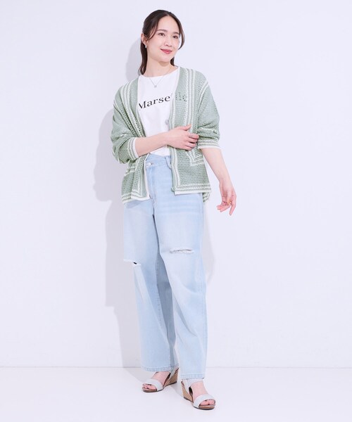 SHOO・LA・RUE（シューラルー）の「レースのような編み柄が上品 Vネックカーディガン（カーディガン/ボレロ・レディース・アイボリー/ブラック/グリーン系・00）」の14枚目の写真