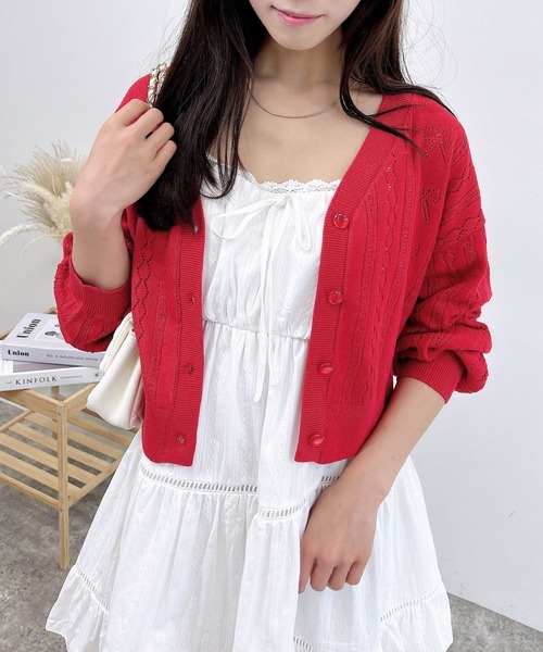 INGNI（イング）の「リボン柄パターンメッシュニットカーディガン（カーディガン/ボレロ・レディース・オフホワイト/ブラック/サックスブルー/ピンク/レッド・M）」の5枚目の写真