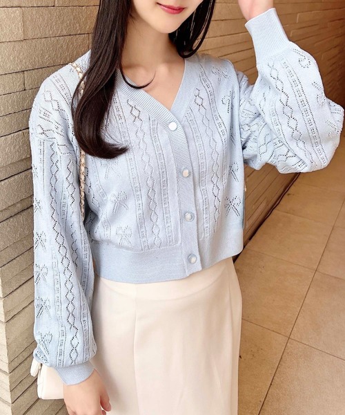 INGNI（イング）の「リボン柄パターンメッシュニットカーディガン（カーディガン/ボレロ・レディース・オフホワイト/ブラック/サックスブルー/ピンク/レッド・M）」の18枚目の写真