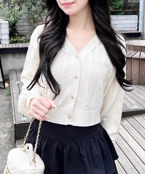 INGNI（イング）の「リボン柄パターンメッシュニットカーディガン（カーディガン/ボレロ・レディース・オフホワイト/ブラック/サックスブルー/ピンク/レッド・M）」の7枚目の写真