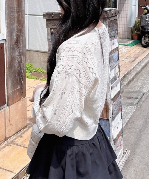 INGNI（イング）の「リボン柄パターンメッシュニットカーディガン（カーディガン/ボレロ・レディース・オフホワイト/ブラック/サックスブルー/ピンク/レッド・M）」の8枚目の写真