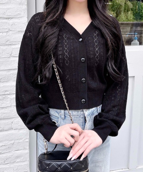 INGNI（イング）の「リボン柄パターンメッシュニットカーディガン（カーディガン/ボレロ・レディース・オフホワイト/ブラック/サックスブルー/ピンク/レッド・M）」の12枚目の写真