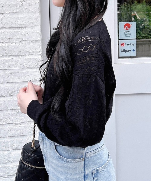 INGNI（イング）の「リボン柄パターンメッシュニットカーディガン（カーディガン/ボレロ・レディース・オフホワイト/ブラック/サックスブルー/ピンク/レッド・M）」の14枚目の写真