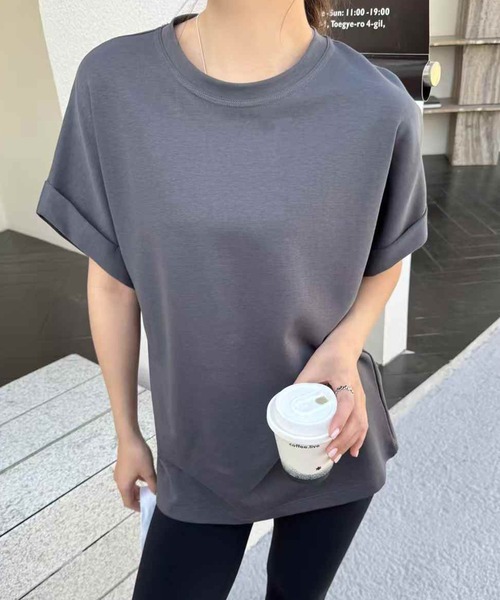 Lace Ladies(レースレディース)の「クルーネック ロールアップ オーバーサイズ 半袖 Tシャツ(Tシャツ/カットソー・レディース・ブラック/ベージュ/グレー/ホワイト・FREE)」の3枚目の写真