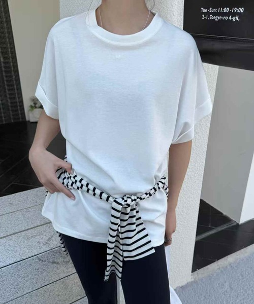 Lace Ladies(レースレディース)の「クルーネック ロールアップ オーバーサイズ 半袖 Tシャツ(Tシャツ/カットソー・レディース・ブラック/ベージュ/グレー/ホワイト・FREE)」の2枚目の写真