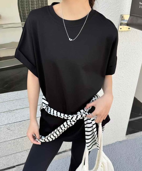 Lace Ladies(レースレディース)の「クルーネック ロールアップ オーバーサイズ 半袖 Tシャツ(Tシャツ/カットソー・レディース・ブラック/ベージュ/グレー/ホワイト・FREE)」の1枚目の写真