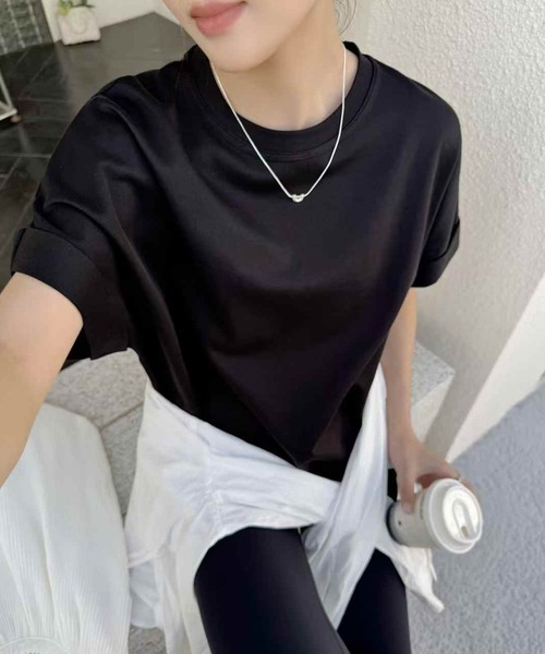 Lace Ladies(レースレディース)の「クルーネック ロールアップ オーバーサイズ 半袖 Tシャツ(Tシャツ/カットソー・レディース・ブラック/ベージュ/グレー/ホワイト・FREE)」の14枚目の写真