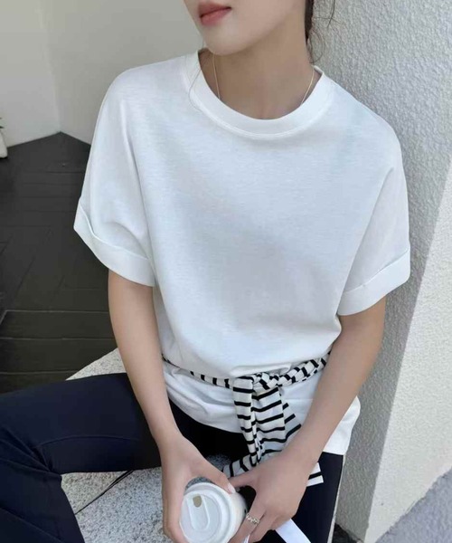 Lace Ladies(レースレディース)の「クルーネック ロールアップ オーバーサイズ 半袖 Tシャツ(Tシャツ/カットソー・レディース・ブラック/ベージュ/グレー/ホワイト・FREE)」の10枚目の写真
