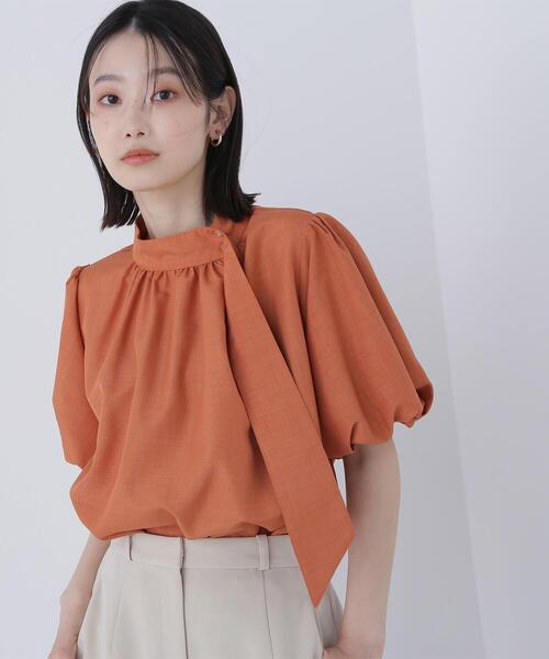 NATURAL BEAUTY BASIC(ナチュラルビューティーベーシック)の「◇リネンライクサイドタイブラウス(シャツ/ブラウス・レディース・オレンジ/ブラウン/オフホワイト・MEDIUM/SMALL)」の2枚目の写真