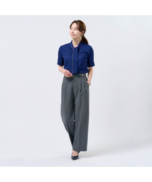TOKYO SHIRTS(トウキョウシャツ)の「【吸水速乾】【COFREX】配色ボウタイブラウス 五分袖 レディースデザインシャツ(シャツ/ブラウス・レディース・ネイビー・M/LL/XL/S/L)」の4枚目の写真