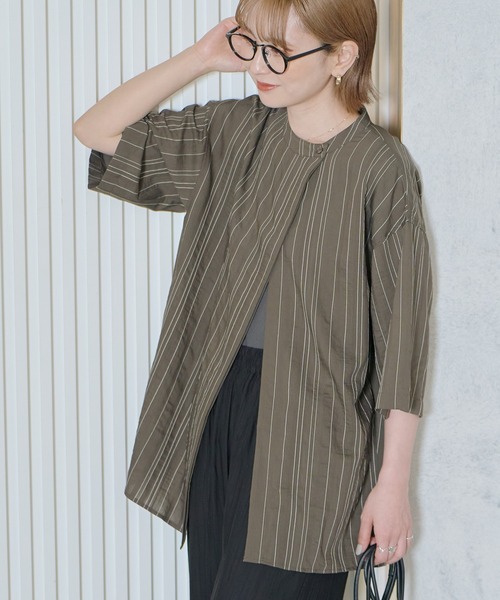 AMERICAN HOLIC（アメリカンホリック）の「【WEB限定】アシンメトリーストライプシャツ（シャツ/ブラウス・レディース・アイボリー/グレー・FREE）」の3枚目の写真