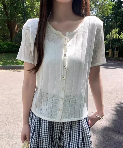aimoha(アイモハ)の「2way サマーニットカーディガン透かし編み シアー (SS)(カーディガン/ボレロ・レディース・イエロー/ライトパープル/ライトブルー/ホワイト/ライトグレー/ピンク/ライトグリーン/ネイビー・FREE)」の3枚目の写真