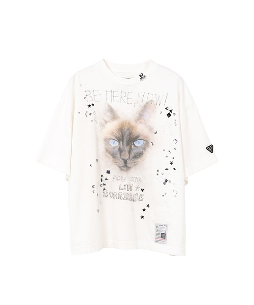 Cat Printed Embellished Distressed T-Shirt（Tシャツ