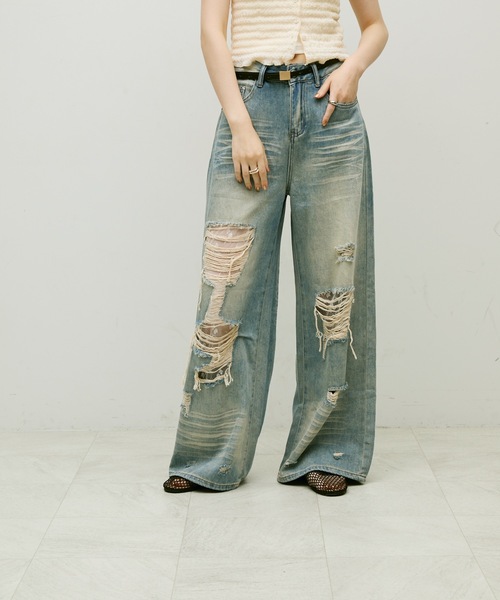 Lutim by u（ルチバイユー）の「Damage lace denim / ダメージレースデニム（デニムパンツ・レディース・ブルー・S/M）」の2枚目の写真