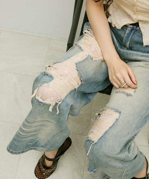 Lutim by u（ルチバイユー）の「Damage lace denim / ダメージレースデニム（デニムパンツ・レディース・ブルー・S/M）」の14枚目の写真