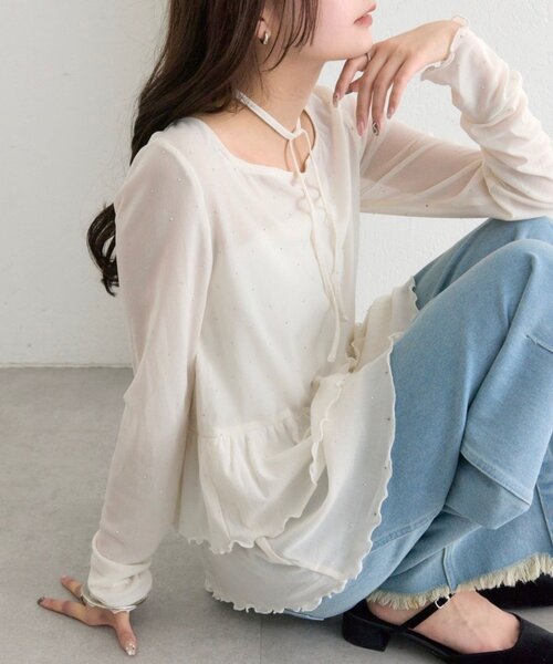 mystic(ミスティック)の「【お気に入り1万3千人突破!】ドットティアードプルオーバー(Tシャツ/カットソー・レディース・アイボリー/グレー/ブラック/ブラウン/ベージュ/ブラック系その他2/ホワイト・FREE)」の2枚目の写真