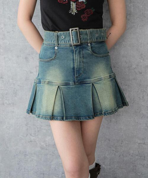 WEGO（ウィゴー）の「WEGO/ベルト付デニムプリーツスカパン（デニムスカート・レディース・コバルトブルー/ダークブルー/ブラック系3・FREE）」の3枚目の写真