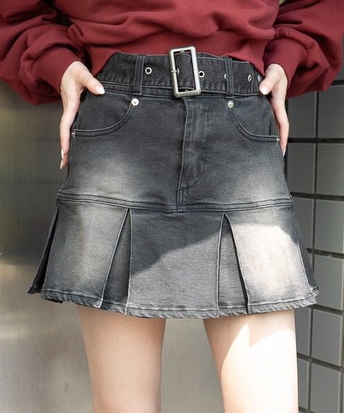 WEGO（ウィゴー）の「WEGO/ベルト付デニムプリーツスカパン（デニムスカート・レディース・コバルトブルー/ダークブルー/ブラック系3・FREE）」の2枚目の写真