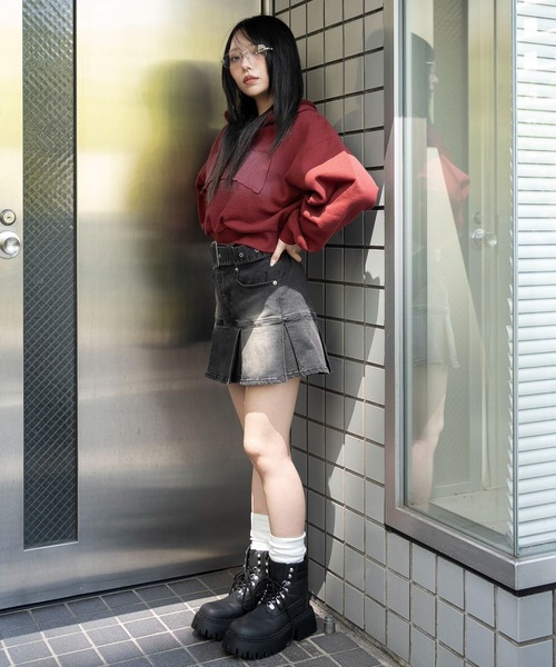 WEGO（ウィゴー）の「WEGO/ベルト付デニムプリーツスカパン（デニムスカート・レディース・コバルトブルー/ダークブルー/ブラック系3・FREE）」の7枚目の写真