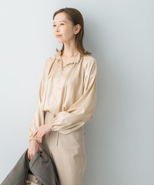 セール】グロッシー2WAYネックギャザーブラウス（シャツ/ブラウス