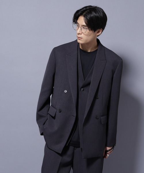 NANO universe(ナノユニバース)の「Reflax(R) ダブルクロスウェザーダブルブレストジャケット(セットアップ可)(テーラードジャケット・メンズ・ブラック/チャコール・M/L)」の2枚目の写真