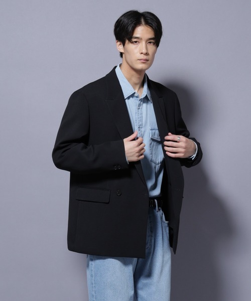 NANO universe(ナノユニバース)の「Reflax(R) ダブルクロスウェザーダブルブレストジャケット(セットアップ可)(テーラードジャケット・メンズ・ブラック/チャコール・M/L)」の14枚目の写真