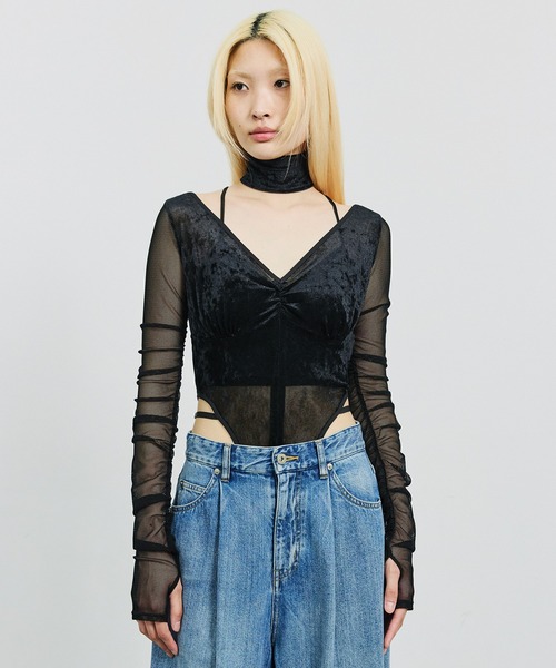 V Neck Sheer Bodysuit/Vネックシアーボディスーツ（Tシャツ